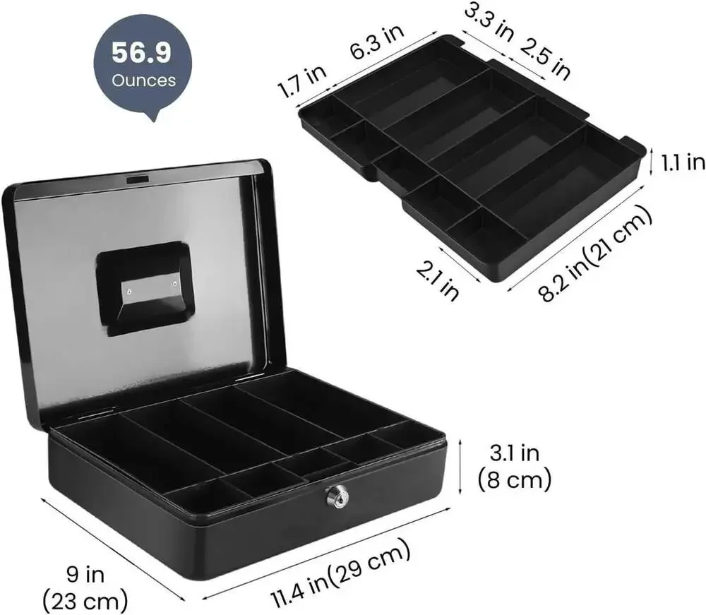 Cash Box with Lock and Money Tray, 9-Compartment Small Business Coin Cash